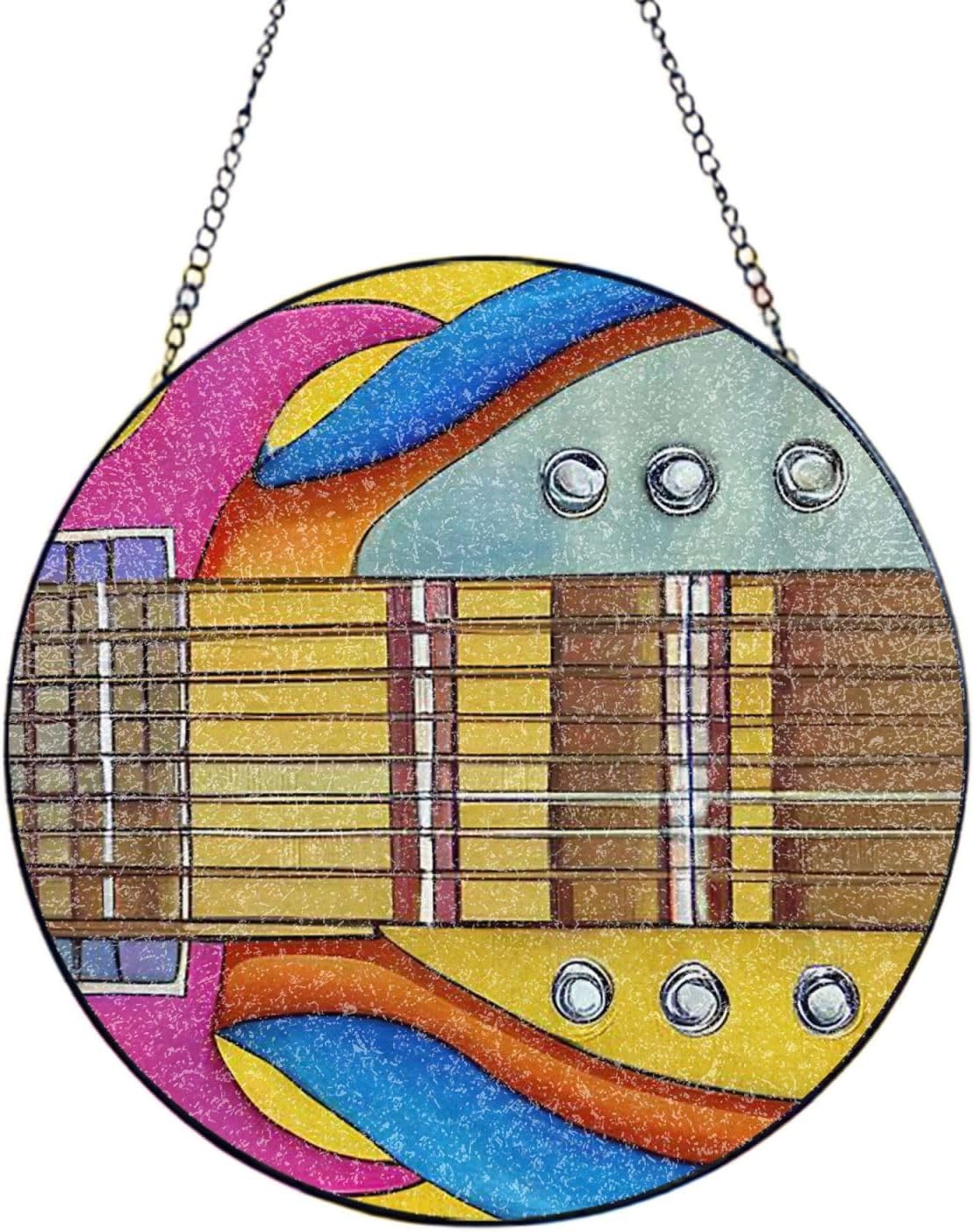 Stained Glass Window Hanging 12in Window Suncatcher Glass Panel with Metal Chain Art Guitar Pattern Sun Catchers Wall Art Home Decor Gift for Women Mother's Day