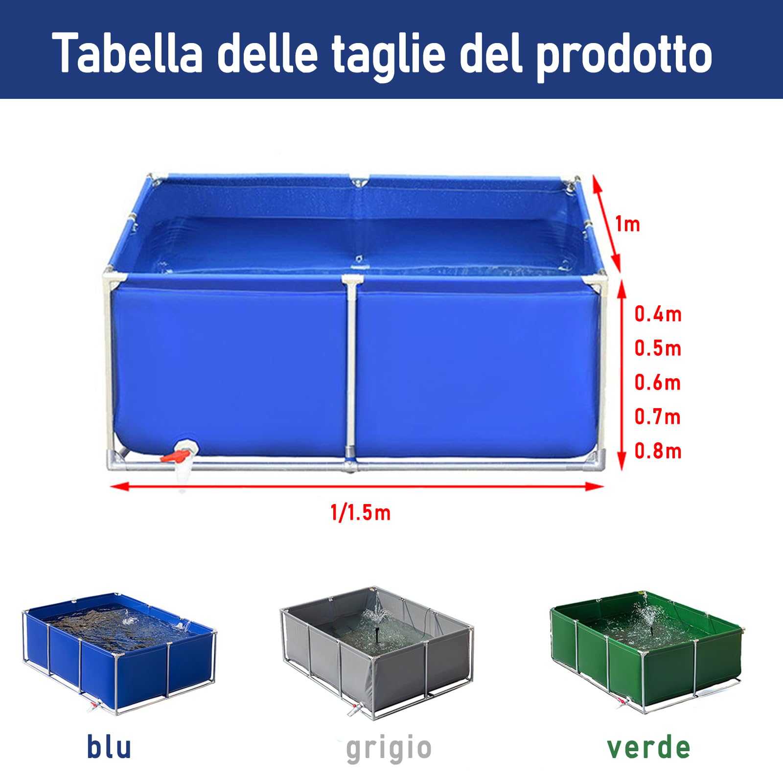 laghetto for pesci stereo con supporto, 2×1m Piscine semplici,Grande Acquario in PVC/Tela,Serbatoio Di Acqua All'aperto Dell'acquario Della Tela,Serbatoio temporaneo per Pesci d'Acqua salata