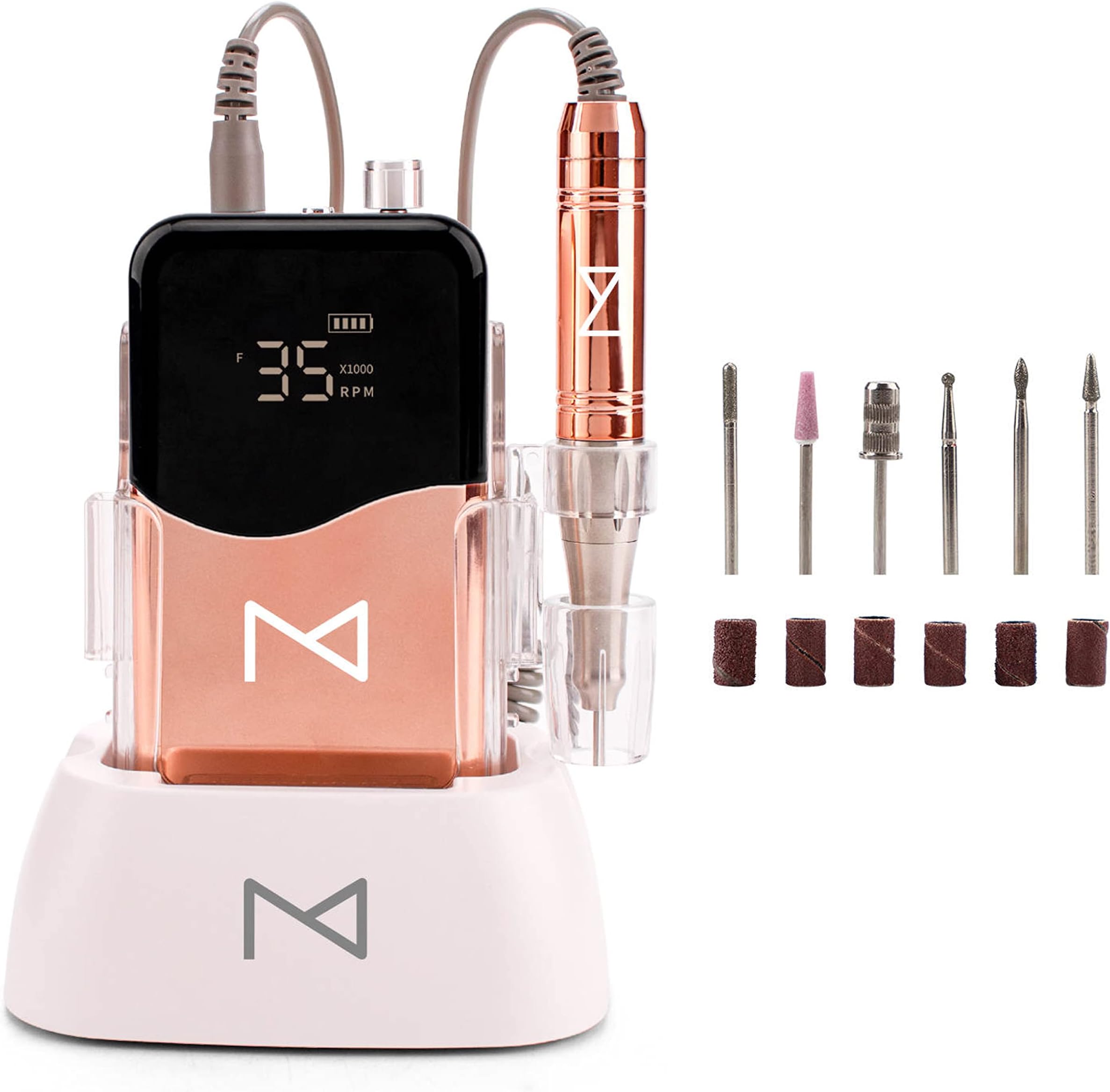 M Mase- Professional Nail Drill Machine - Coreless 2-in-1 Nail File - Electric, Cordless, 35000 RPM, HD Display - Electric Nail Drill for Professional & Home Use (Metallic Gold)