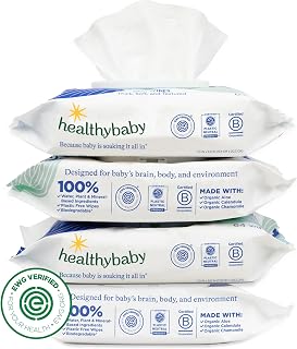 HealthyBaby EWG Verified Wet Wipes: 100% Water & Plant-Based, Unscented, Sensitive Skin Safe, Fragrance & Chlorine Free (4 Packs, 256 Wipes)