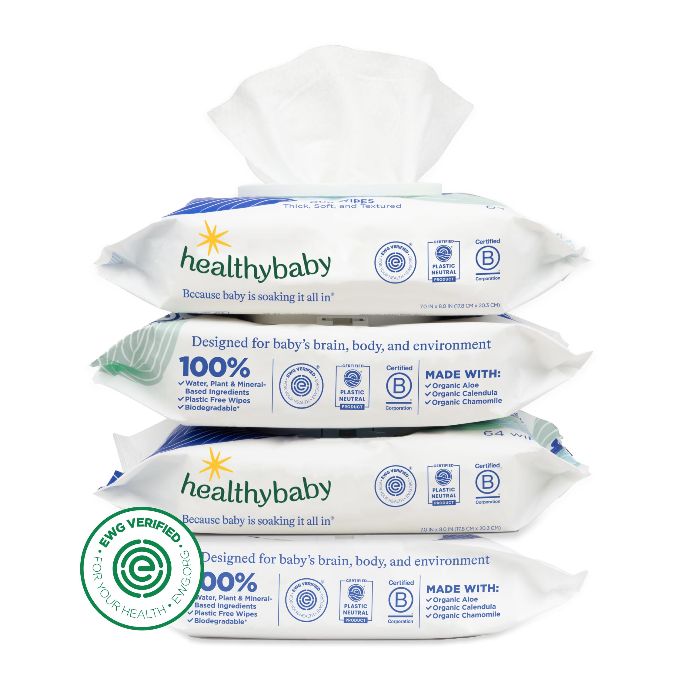 HealthyBaby Our Wet Wipes | EWG Verified Safe | 100% Water & Plant Based | Unscented & Safe for Sensitive Skin | Fragrance Free and Totally Chlorine