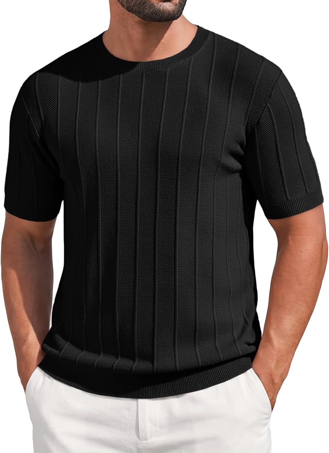 Runcati Mens Knit Short Sleeve T-Shirts Casual Crewneck Sweater Shirt Ribbed Textured Pullover Tees