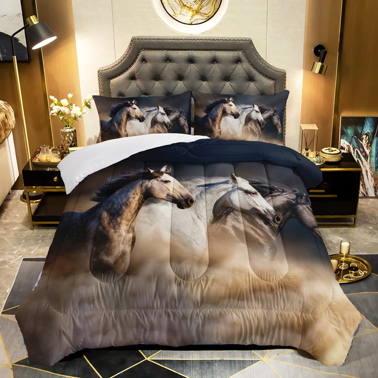 QOOMO Horse Comforter Twin Size,Galloping Horse Comforter Set for Kids Teens Girls Boys,3Pcs Bedding Set Printed Comforter with 2 Pillowcases,Soft and Lightweight，Twin Size