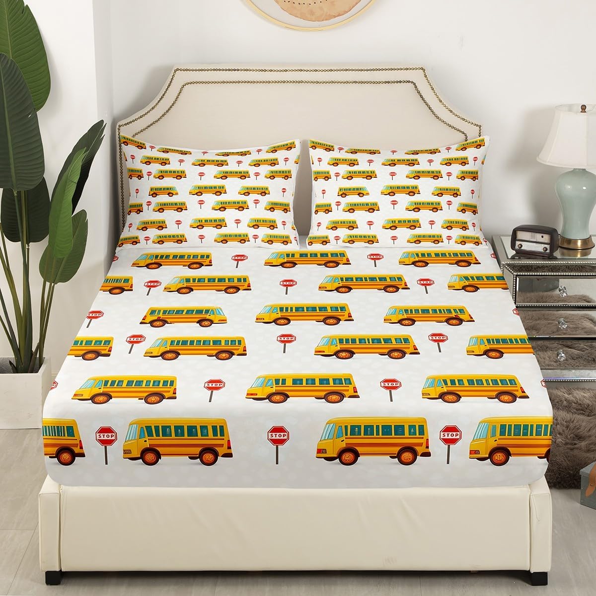 Erosebridal Cartoon School Bus Twin Size Sheet Sets 3pcs, Bus Vehicle Printed Bed Sheets Set for Bedroom, School Theme Kids Teens Soft Bed Set, Yellow Red Transportation Lightweight Bedding Set