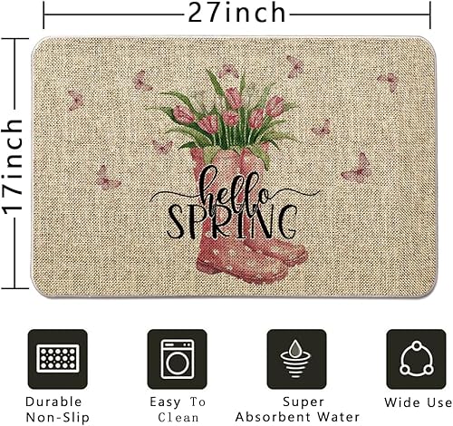 Miniatura 3 de GAGEC Tapete de primavera con diseño de tulipán rosa con diseño de mariposa de Hello Spring, tapete de entrada para casa de campo, decoración de