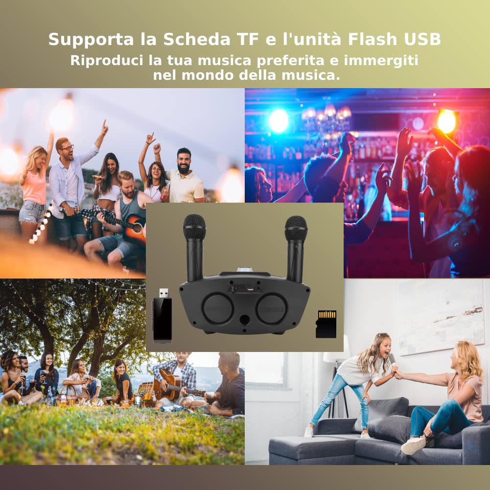 ASHATA Impianto Karaoke,Cassa Impianto Audio Karaoke con Microfono Professionale Karaoke con 2 Microfoni Wireless, Supporta Ingresso AUX,Buon Regalo per Bambini Adulti (Nero)