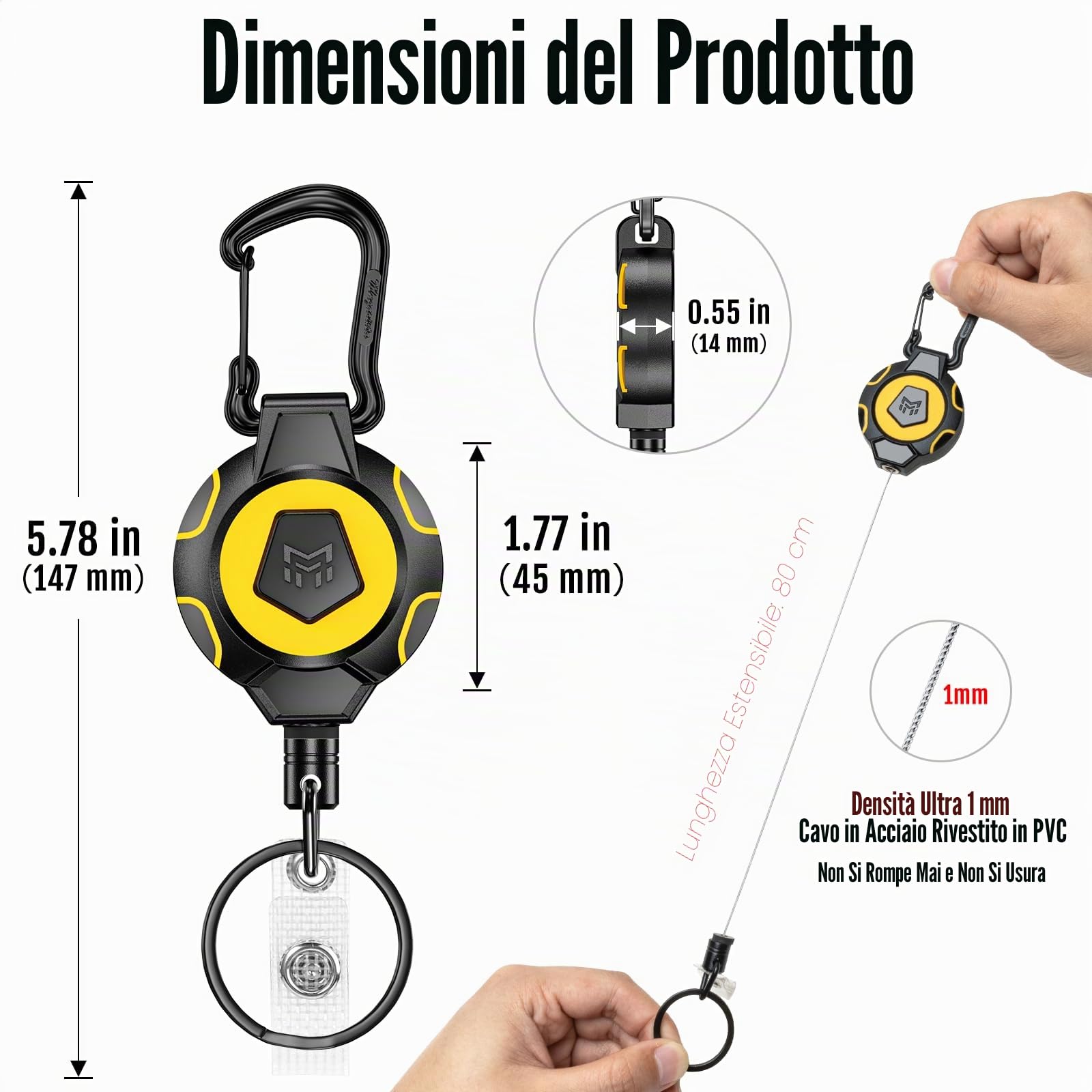 MNGARISTA Portachiavi retrattile aggiornato, 283,5 g di ritrazione, 80 cm di cavo in acciaio inox, portabadge a moschettone per impieghi gravosi, con cinturino per badge e portachiavi, 2 pz.