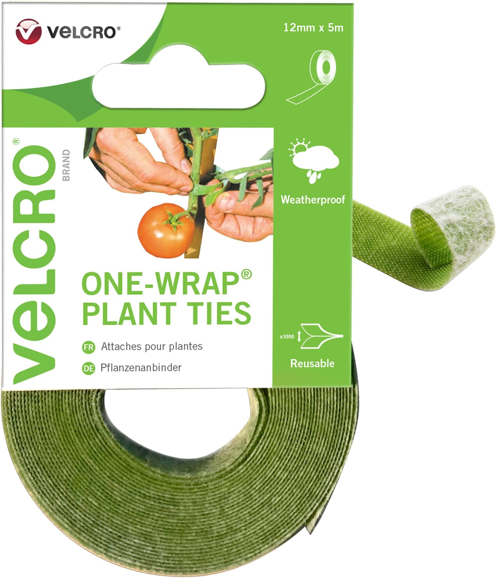 VELCRO Brand ONE-WRAP Plant Ties Tape, 12mm x 5m, Green - Reusable, Plant-Friendly Secure Solution For Tree Ties Straps, Plant Clips, VEL-EC60202,package may vary
