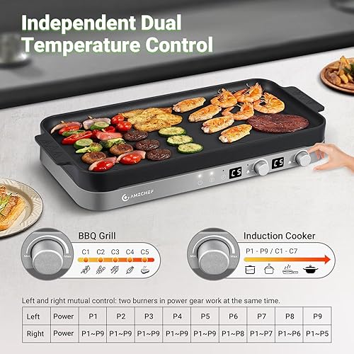 Miniatura 6 de AMZCHEF Placa de cocción de doble inducción con plancha extraíble antiadherente, 1800 W, 2 zonas de cocción, estufa de inducción portátil con sensor