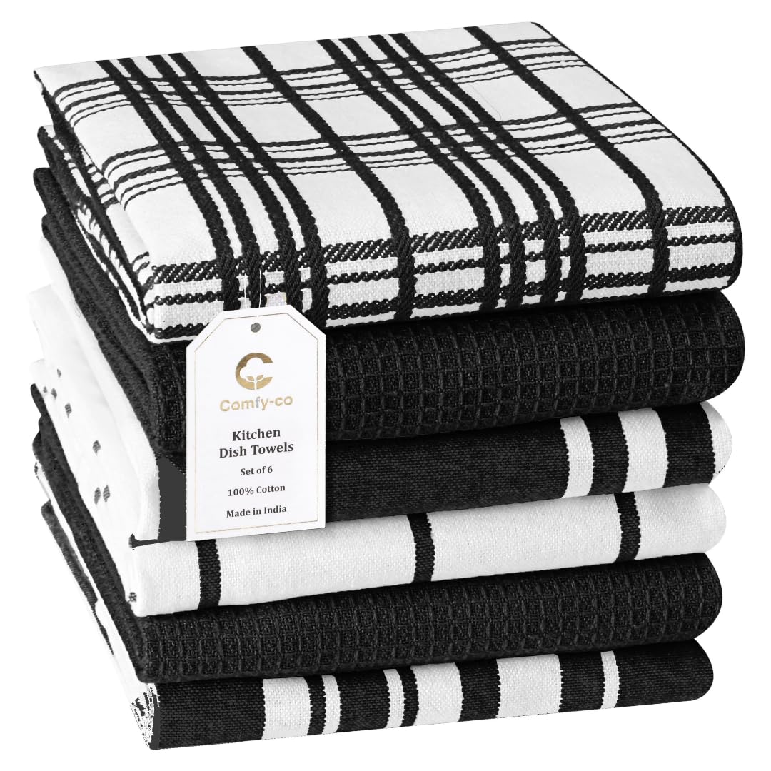 Comfy-co Assorted Kitchen Towels Set of 6-100% Cotton 15x25 inches - Soft Absorbent Tea Towels for Kitchen - Dish Cloths Cleaning Towels with Hanging Loop - Quick Drying Dish Towels Black