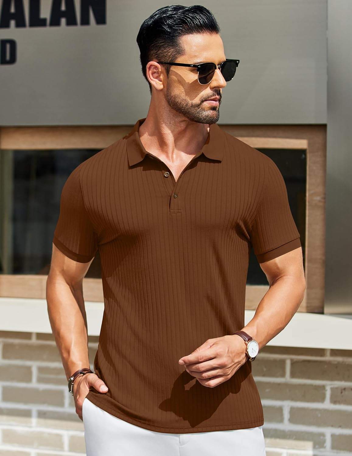 COOFANDY Men's Textured Polo Shirts Short Sleeve Slim Fit Casual Button Polo T-Shirt Summer Collared Golf Shirt - Image 2