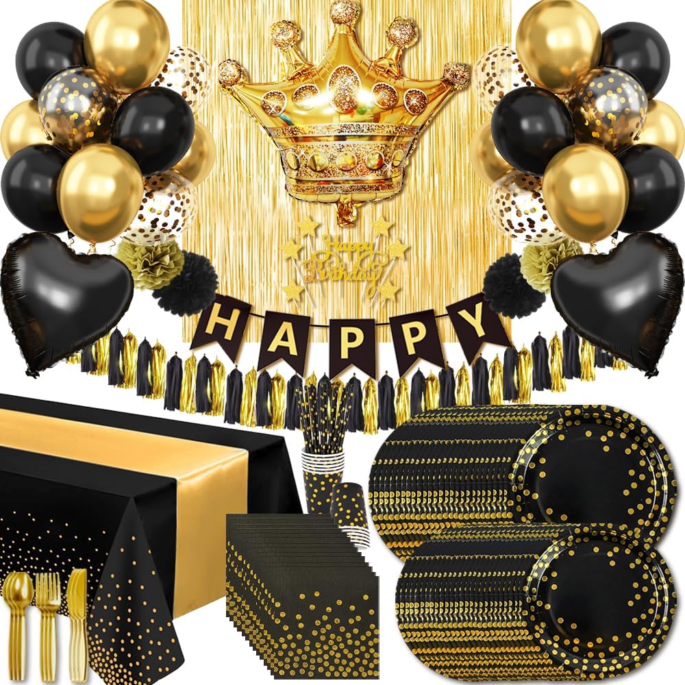 Gold and Black Party Decorations, 279Pcs Birthday Decorations Men Include Balloons,Tablecloth,Foil,Backdrops, Paper Pom Poms, Tableware for 25 Guests.