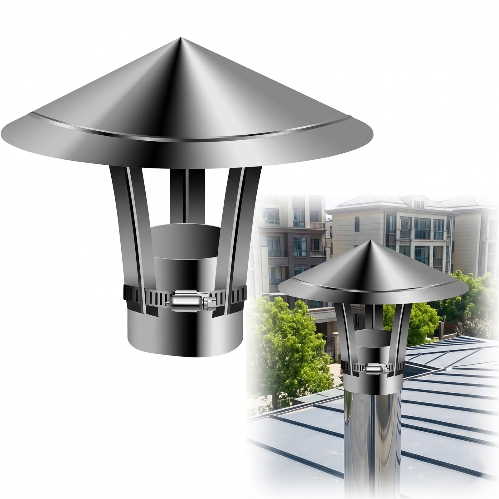 Sombrerete de Chimenea Ajustable Acero Inoxidable Tapa de Lluvia Caperuza Salida Humos Protector para Tubo de Estufa Ventilación de Techo Cubierta de Escape Exterior(150mm)