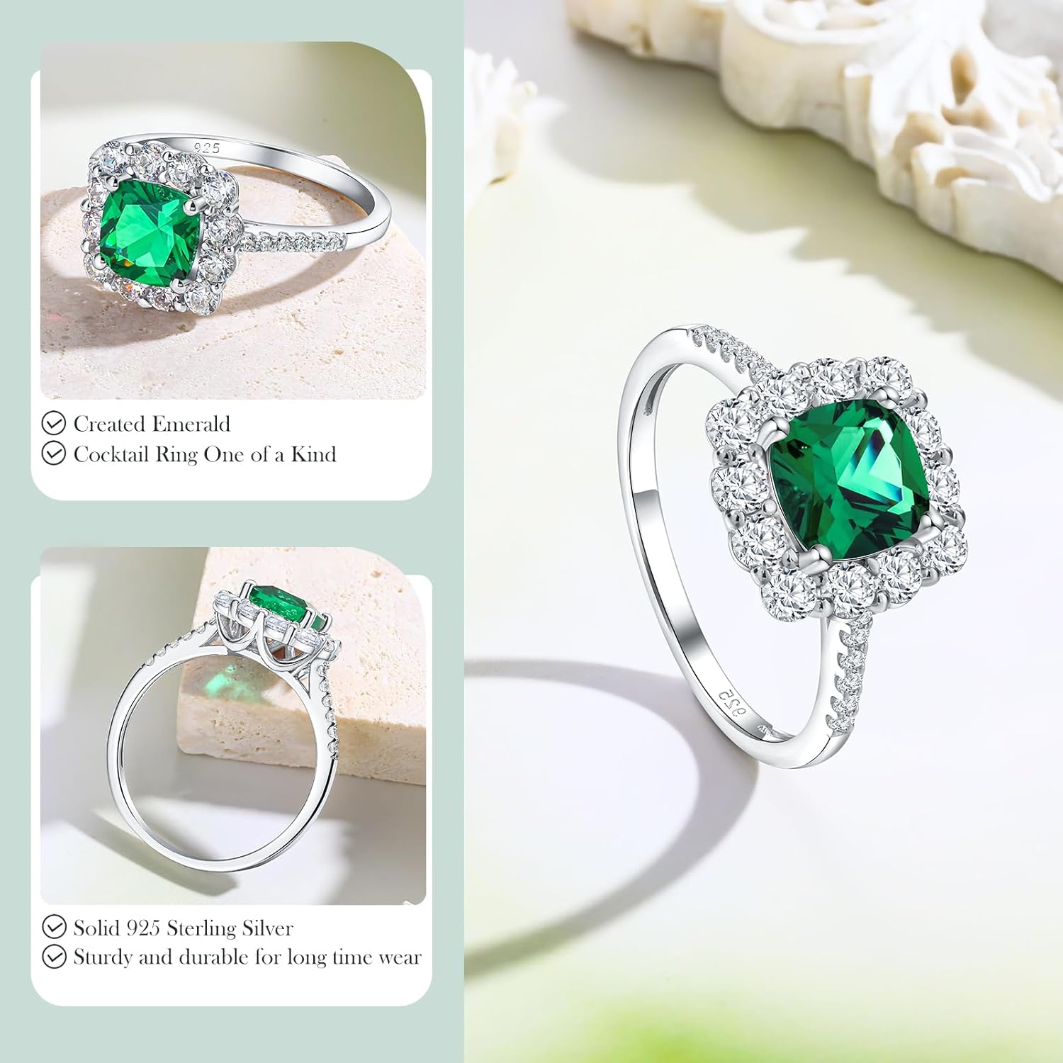 Cushion/Emerald Cut Engagement Rings for Women and Men, 925 Sterling Silver Sapphire/Ruby/Emerald &Cubic Zirconia Gemstone Ring Cocktail Party Birthday Jewelry - Image 3