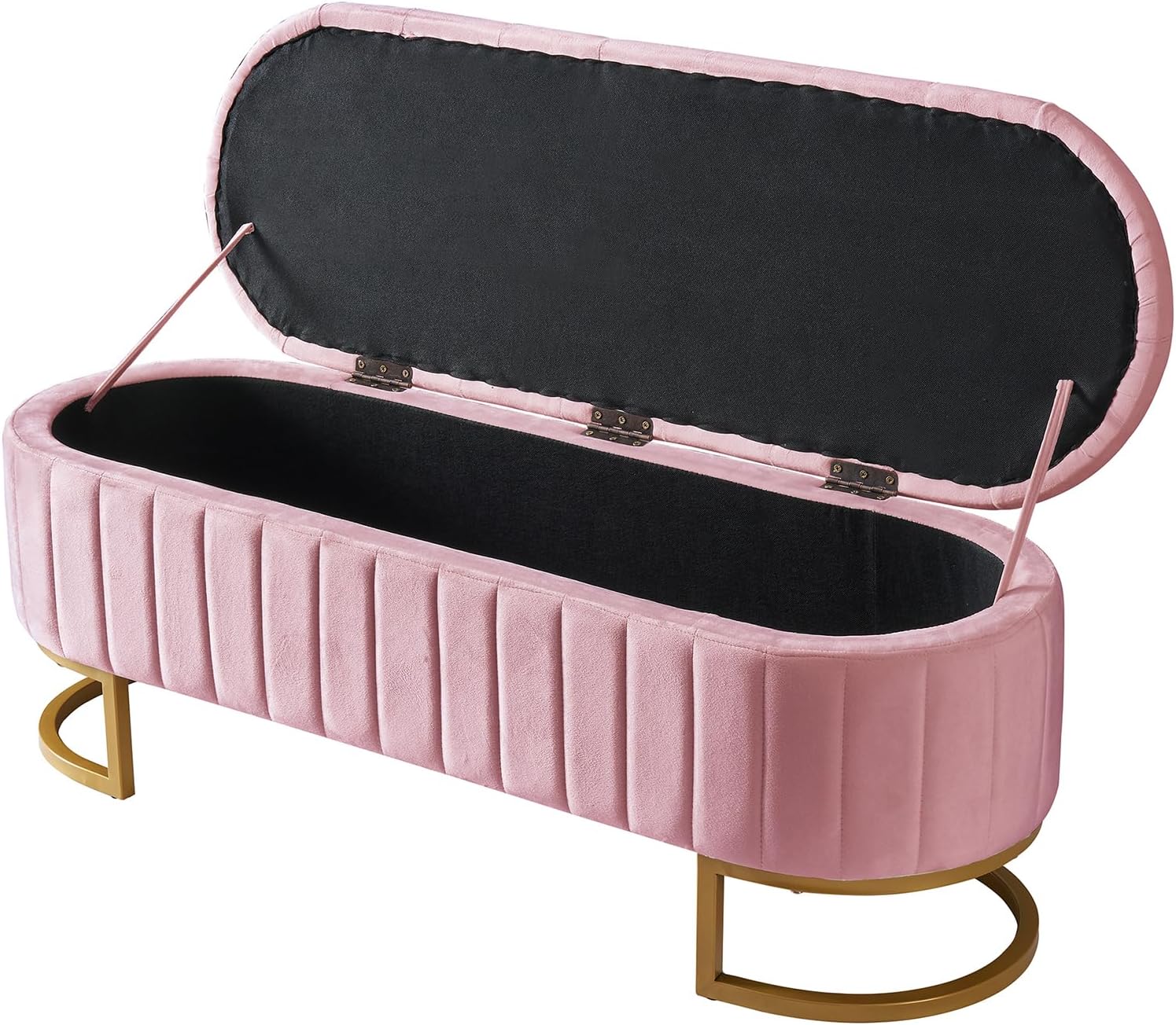 CALABASH Pink Storage Ottoman Bench for End of Bed Gold Legs, Modern Velvet Stool Bench with Button-Tufted, Upholstered Padded with Storage for Living Room Bedroom (Pink)
