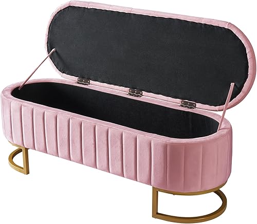 Miniatura 6 de CALABASH Banco otomano de almacenamiento rosa para el extremo de la cama, patas doradas, banco moderno de terciopelo con botones, acolchado tapizado