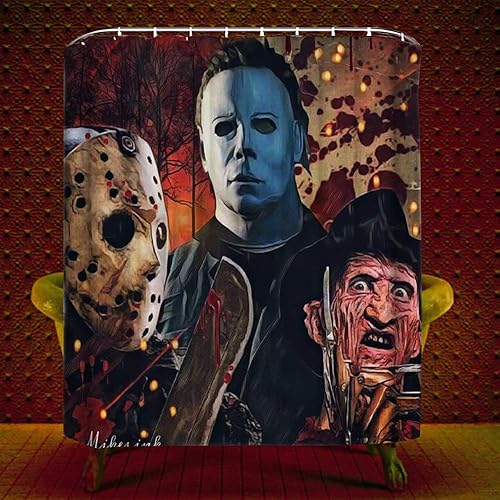 Miniatura 2 de Juego de cortinas de ducha de Halloween para baño, Freddy Jason Michael, asesino aterrador, decoración de tela de poliéster con ganchos y