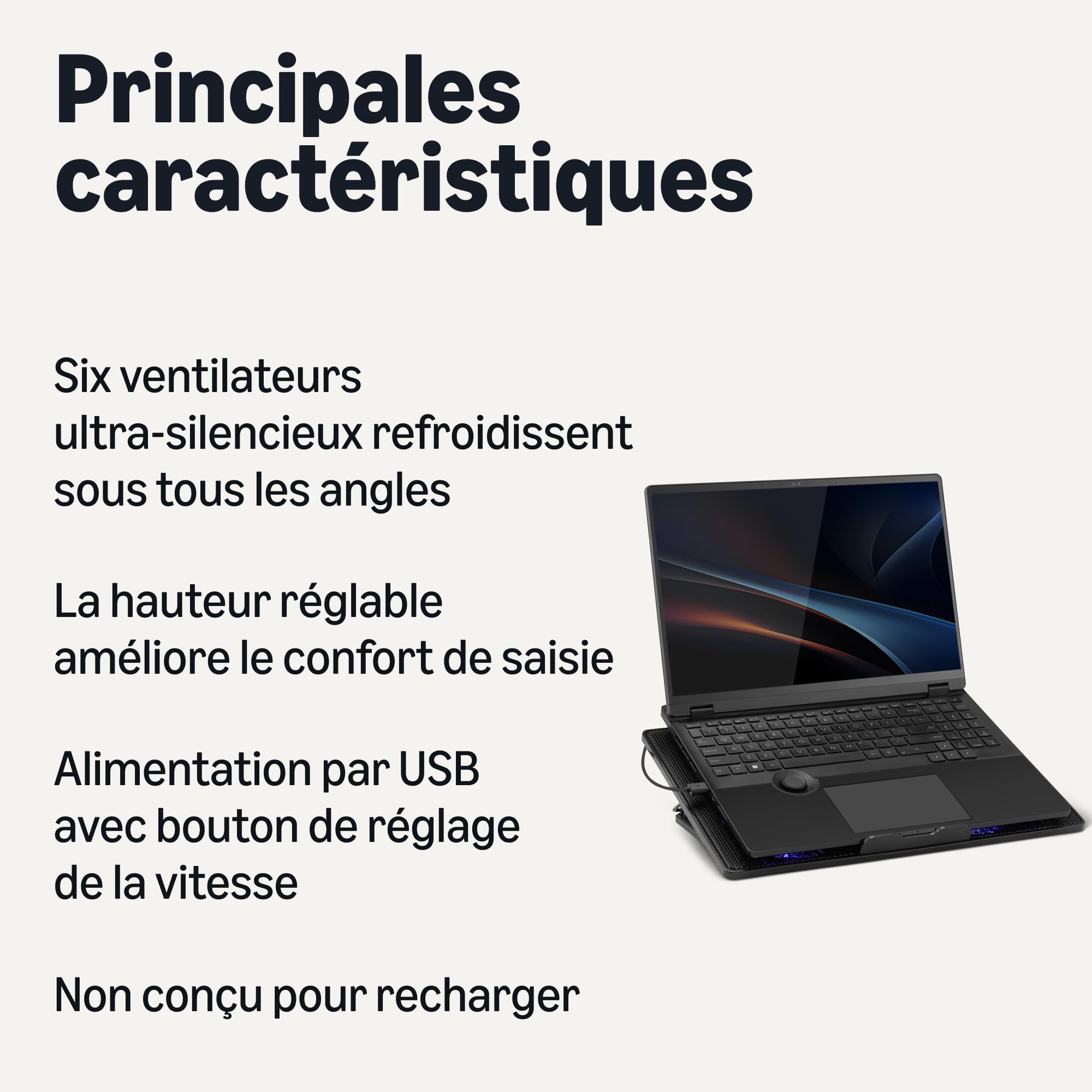 Amazon Basics Support de Refroidissement pour Ordinateur Portable 6 Ventilateurs Silencieux 12-17 po USB-A USB-C Réglable en Hauteur