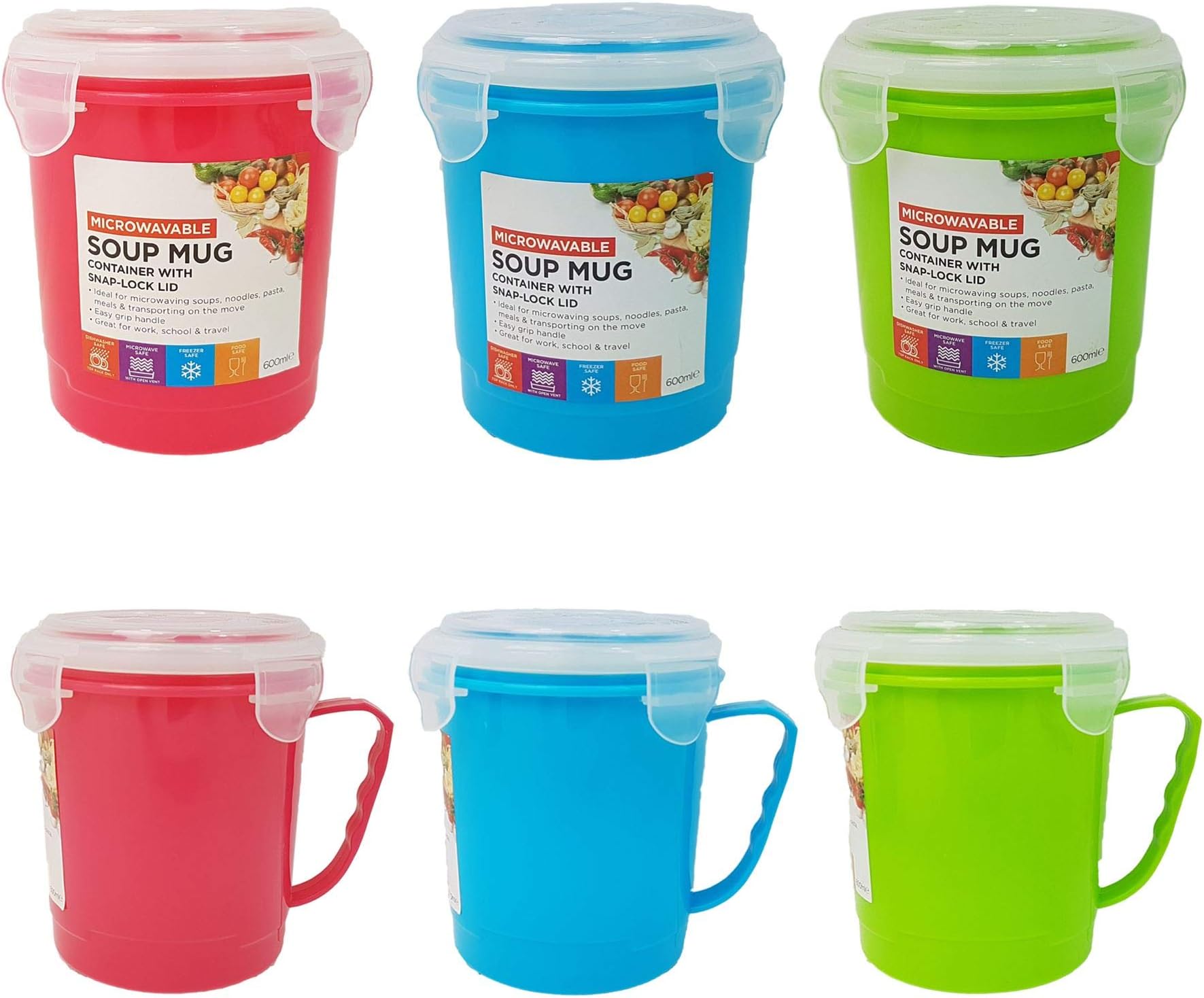 Handy Helper Set of 3 Microwavable Multicolor Plastic Soup Mugs with Snap-Lock Lid