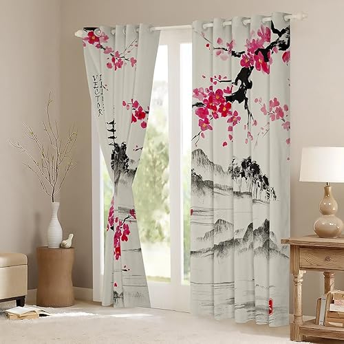 Miniatura 4 de Cortinas de ventana con diseño de cerezo en flor para dormitorio, sala de estar, cortinas japonesas de montaña Fuji para niños y niñas, cortinas de