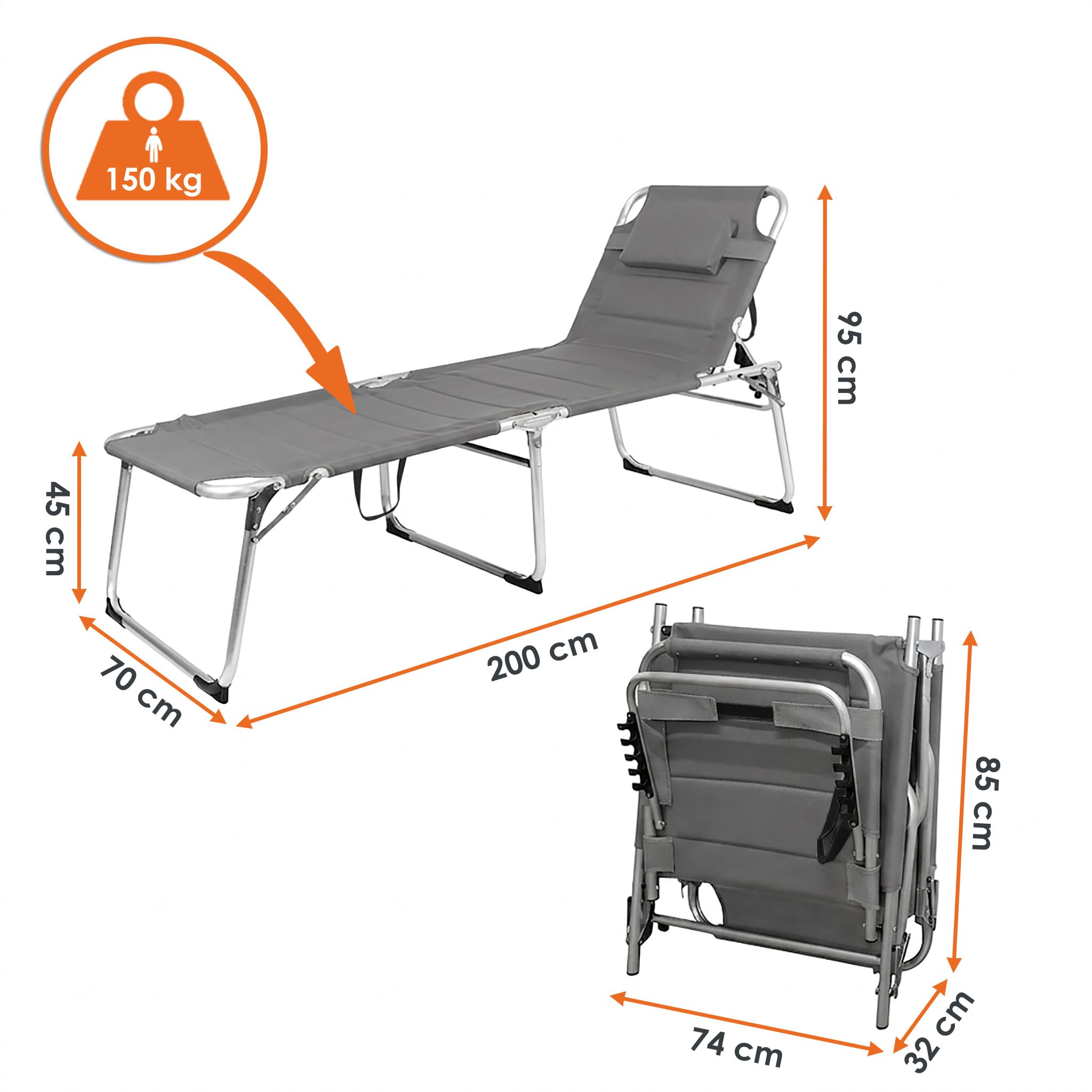 Spetebo Aluminium Gartenliege XXL Grau - 200 x 70 cm - mit Kopfkissen | Sonnenliege gepolstert,Liegefläche 199x70 cm, Belastbar bis 150 Kg