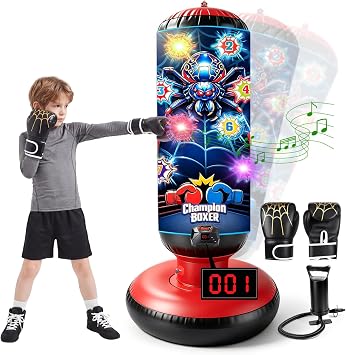 Kids Inflatable Punching Bag with Electronic Score Counter Music Lights 4 Game Modes, Complete Boxing Set with Gloves Air Pump, Indoor Outdoor Martial Arts Toy Gift for Boys Girls 4-12