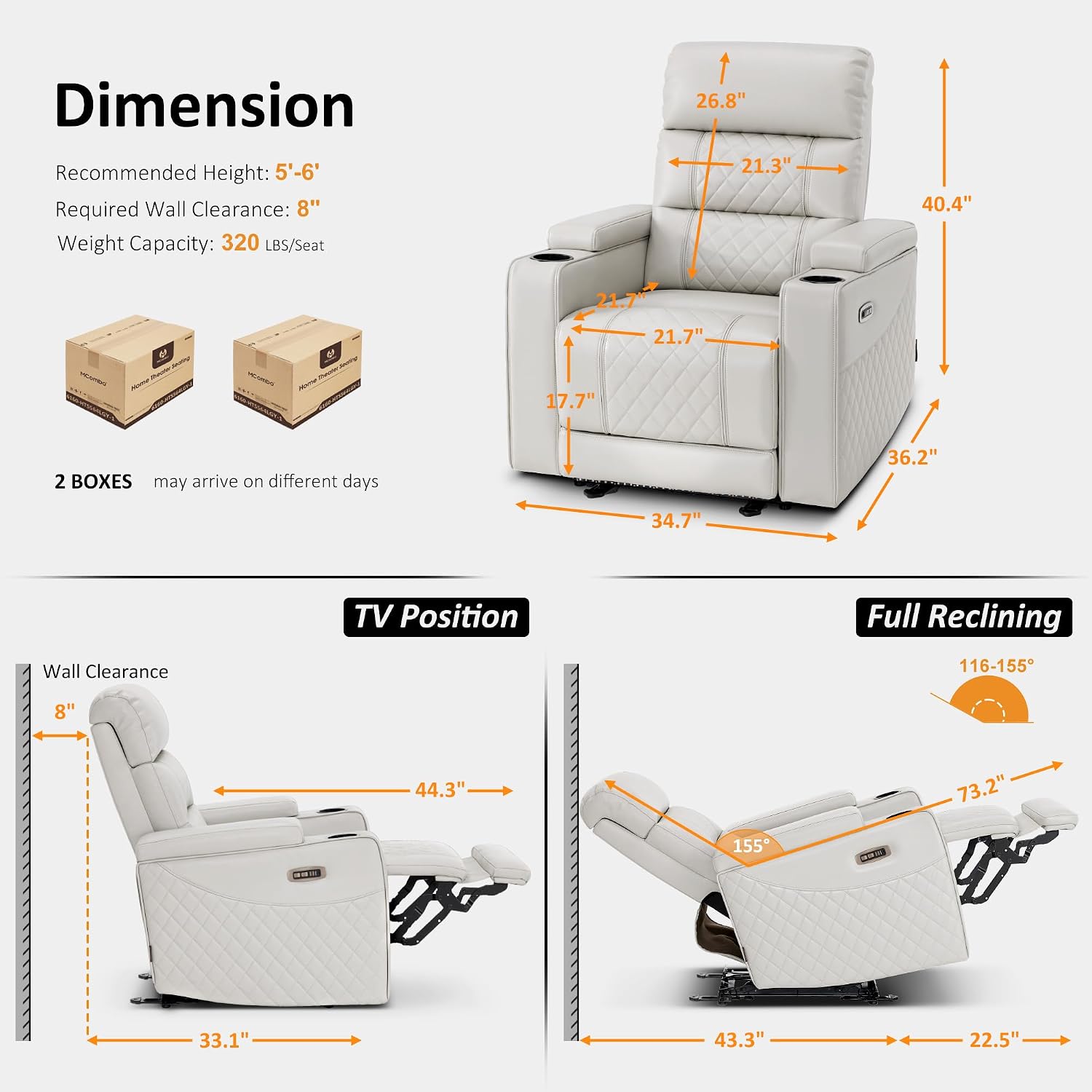 MCombo Power Recliner Chair for Adults, Home Theater Seating with Power Headrest, FSC Certified, USB & Type C Ports, Armrest Storage & LED Light HTS432 (Light Grey, Single Recliner)