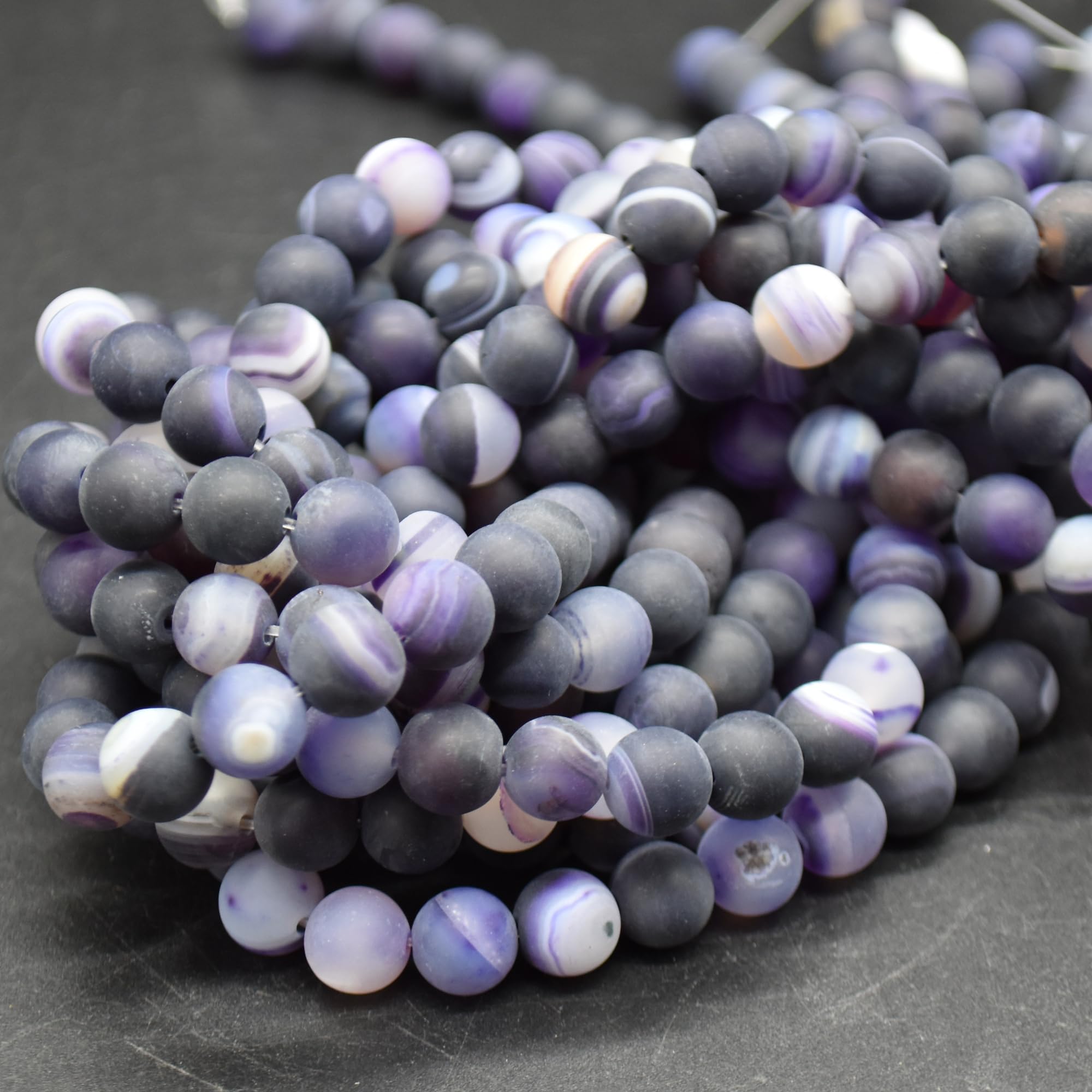 Grade A Natural Banded Purple Agate Frosted Matte Semi-precious Gemstone Round Beads - 8mm
