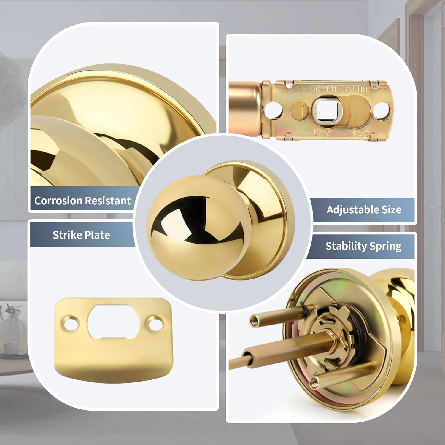 Moquin Gold Passage Door Knob Without Lock or Key, Non-Locking Interior Round Ball Door Knob for Hallway or Closet, Polished Brass