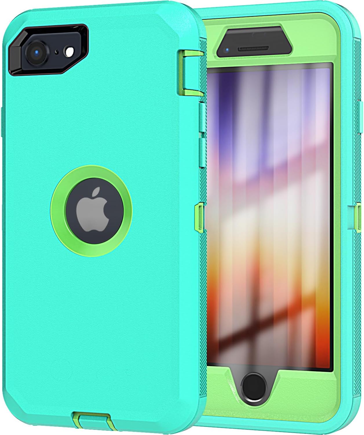 YmhxcY for iPhone 8 Case, iPhone 7 Case with Built in Screen Protector Drop Proof 3-Layer Durable Cover/Shockproof Armor Drop Protection Solid Rubber Case for iPhone 7/8 4.7 Aqua Blue/Lime Green