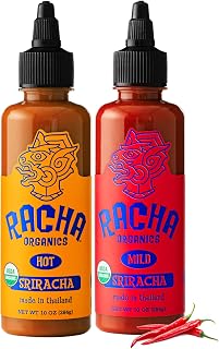 Racha Organics Mild & Hot Sriracha Hot Sauce - USDA Organic Sriracha Sauce Made with Estate-Grown Thai Chili Peppers - Low-Sugar, Non-GMO, Gluten Free, Keto Friendly - 10oz - Made in Thailand