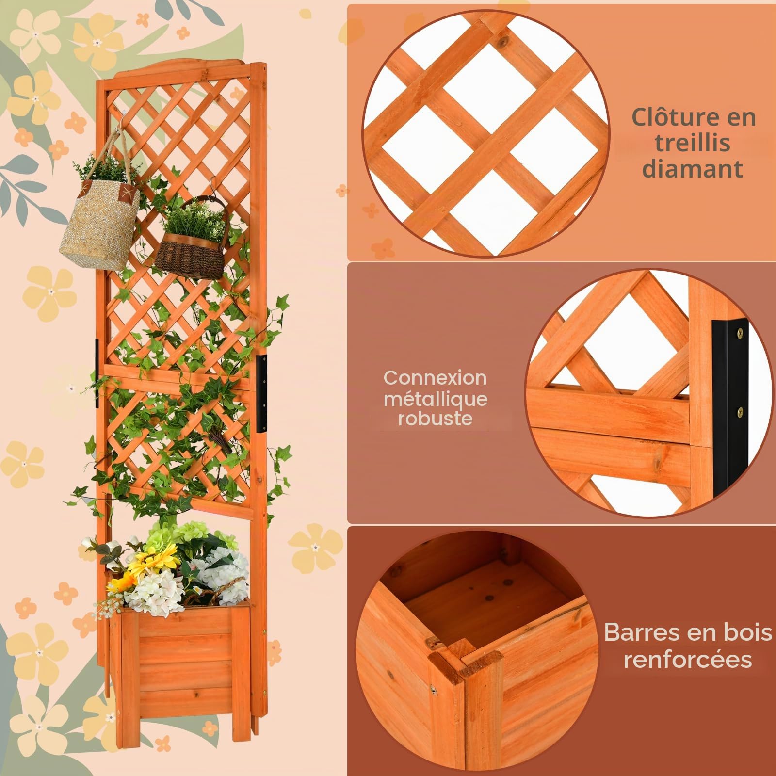 HOMASIS Jardinière avec treillis - 180 cm - Jardinière surélevée en bois avec treillis et trou de drainage - Parterre de fleurs pour plantes grimpantes, bac à fleurs pour balcon, jardin, terrasse,