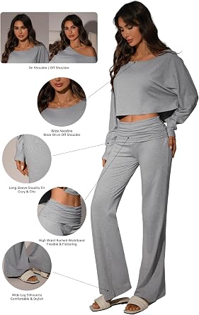 Women’s 2 Piece Lounge Set, Long Sleeve Off Shoulder Top & Wide Leg Pants – Soft, Stretchy Outfit for Home & Travel
