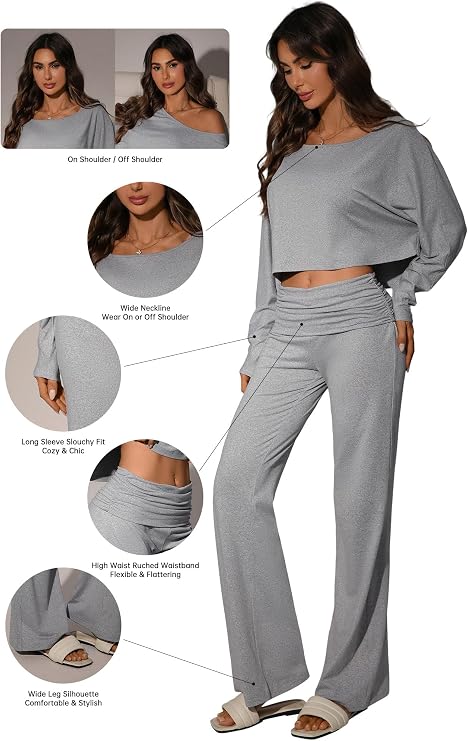 Women’s 2 Piece Lounge Set, Long Sleeve Off Shoulder Top & Wide Leg Pants – Soft, Stretchy Outfit for Home & Travel