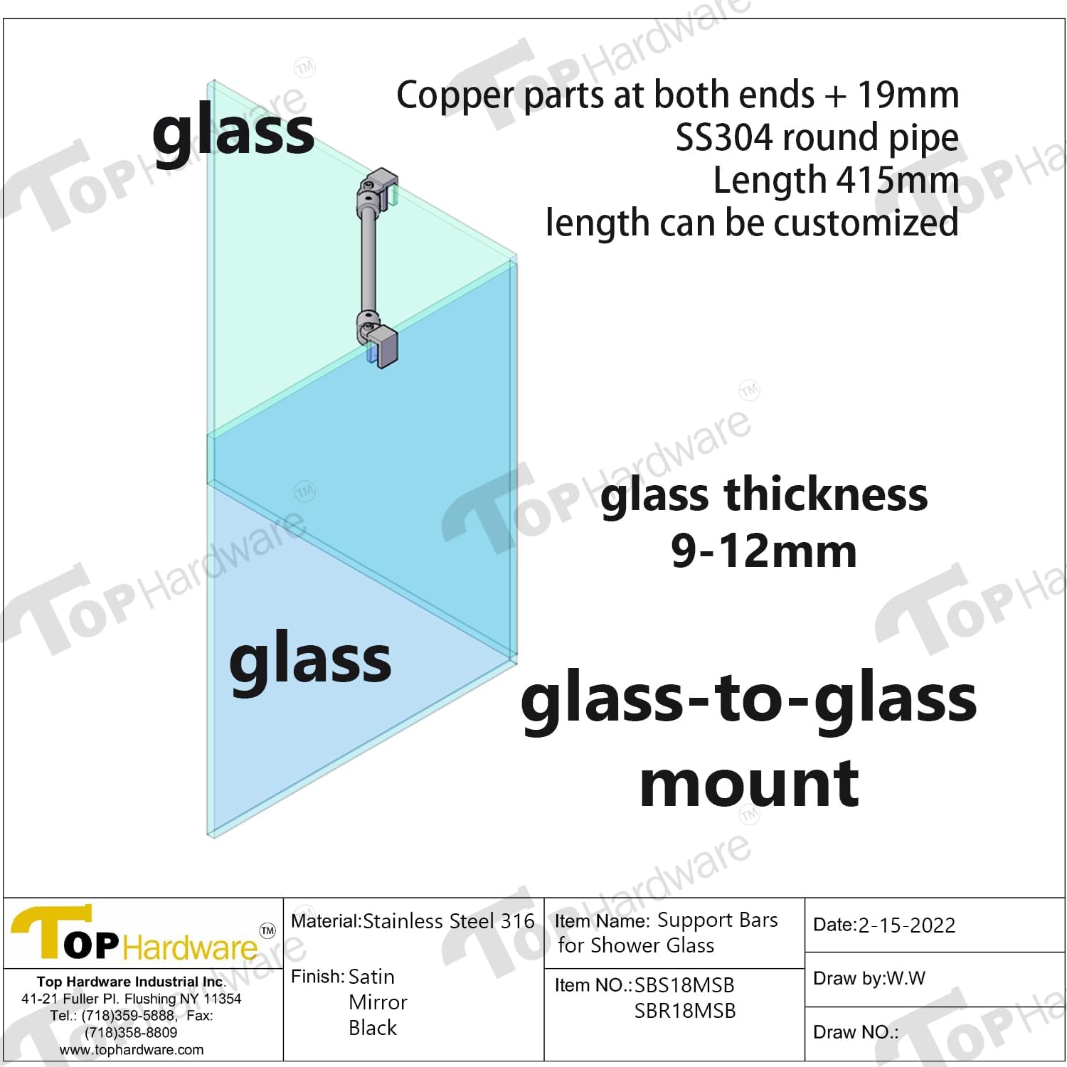 Frameless Round Shower Door Fixed Panel Support Bar for 3/8″ to 1/2″ GlassThick (Satin Brushed)