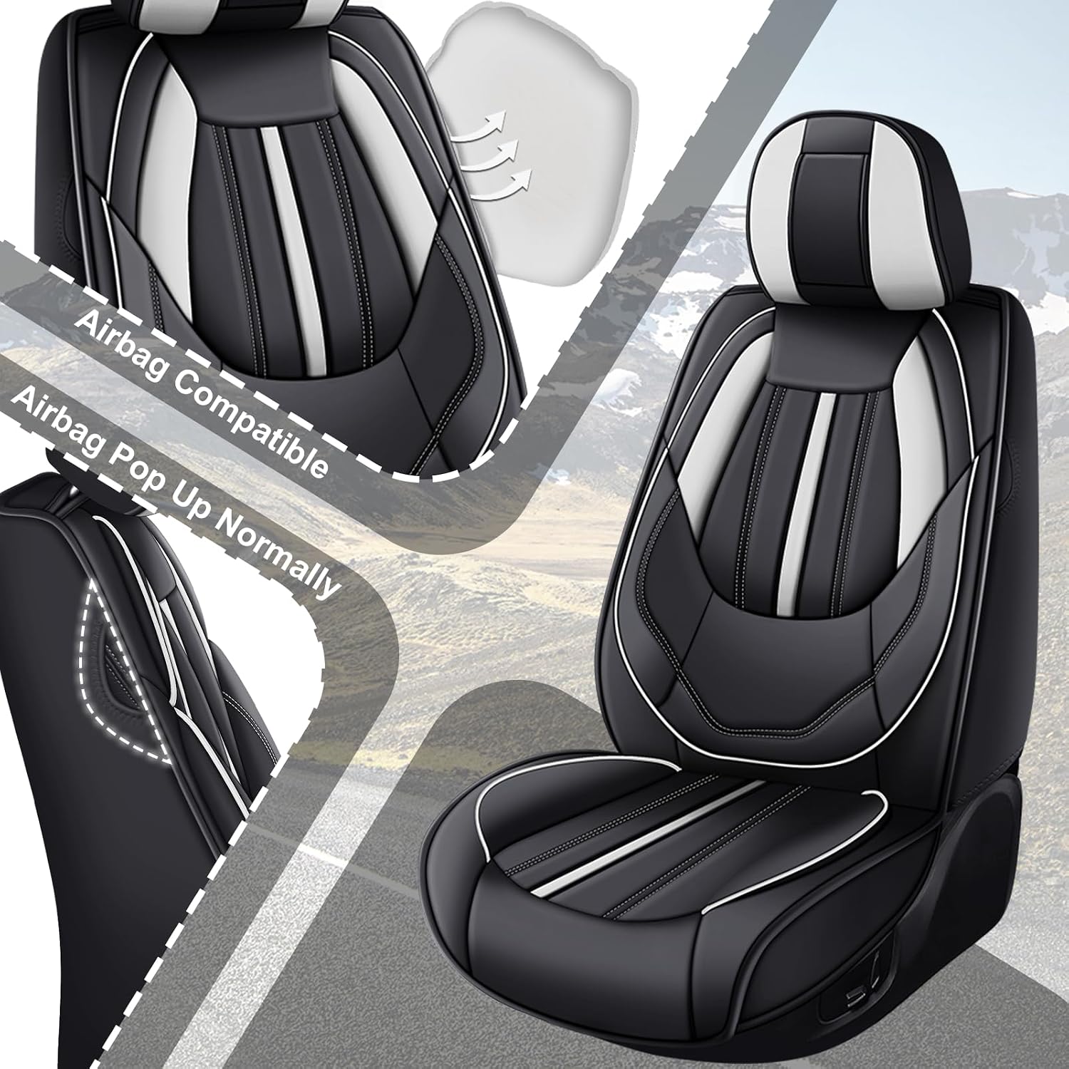 Front Set for Nissan Frontier Car Seat Covers 2000-2025, Waterproof Nappa Leather Car Seat Protector, Anti-Slip and Comfortable Car Seat Cover&Accessories(2 Seats/Black White)
