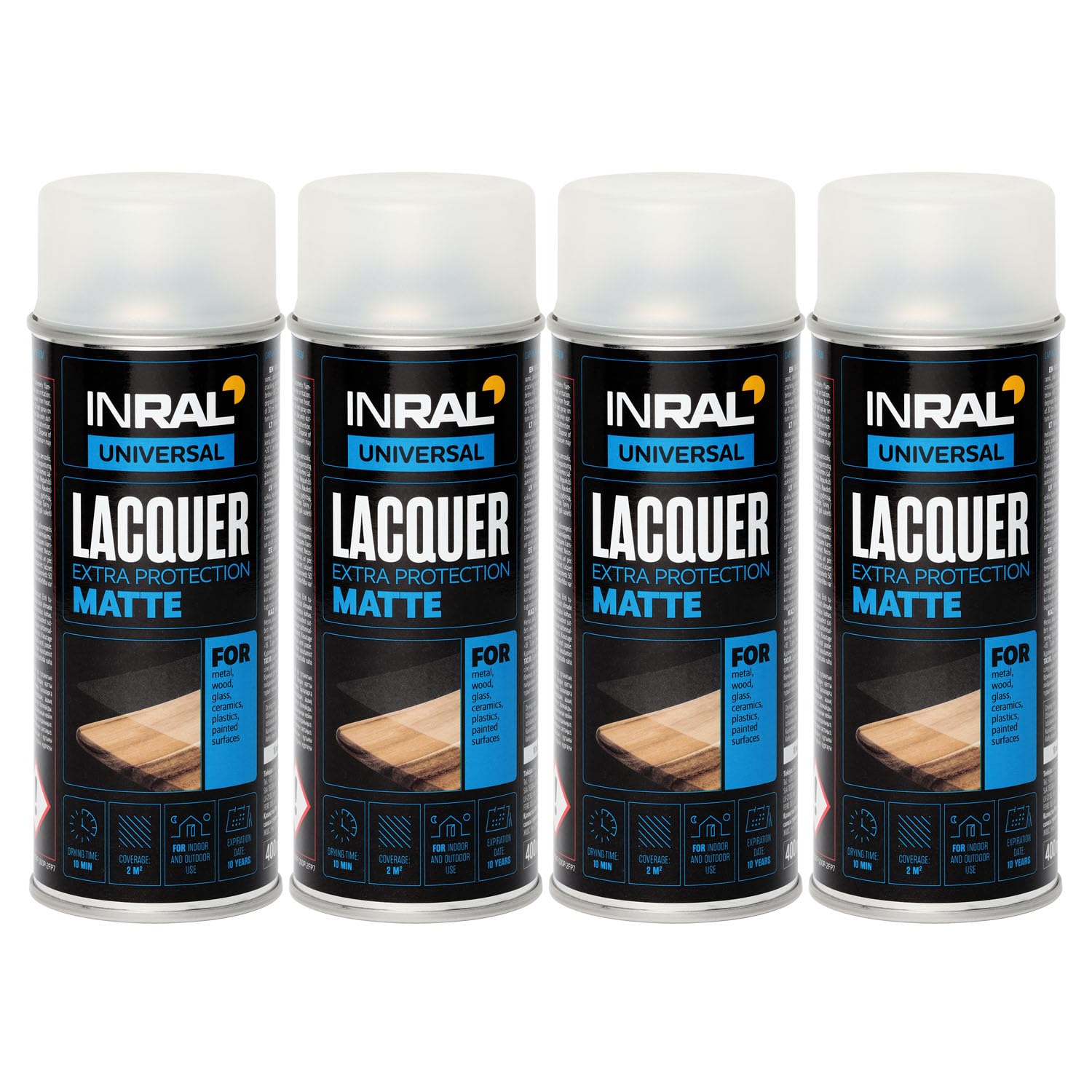 INRAL Acryllack Spray – Schnell Trocknendes Matt Klarlack Spray Wasserfest 4x400 ml - Idealer Sprühlack für Acryllackierung - Hitze- und Kratzfester UV Lack für Heimwerker, Handwerker und Künstler
