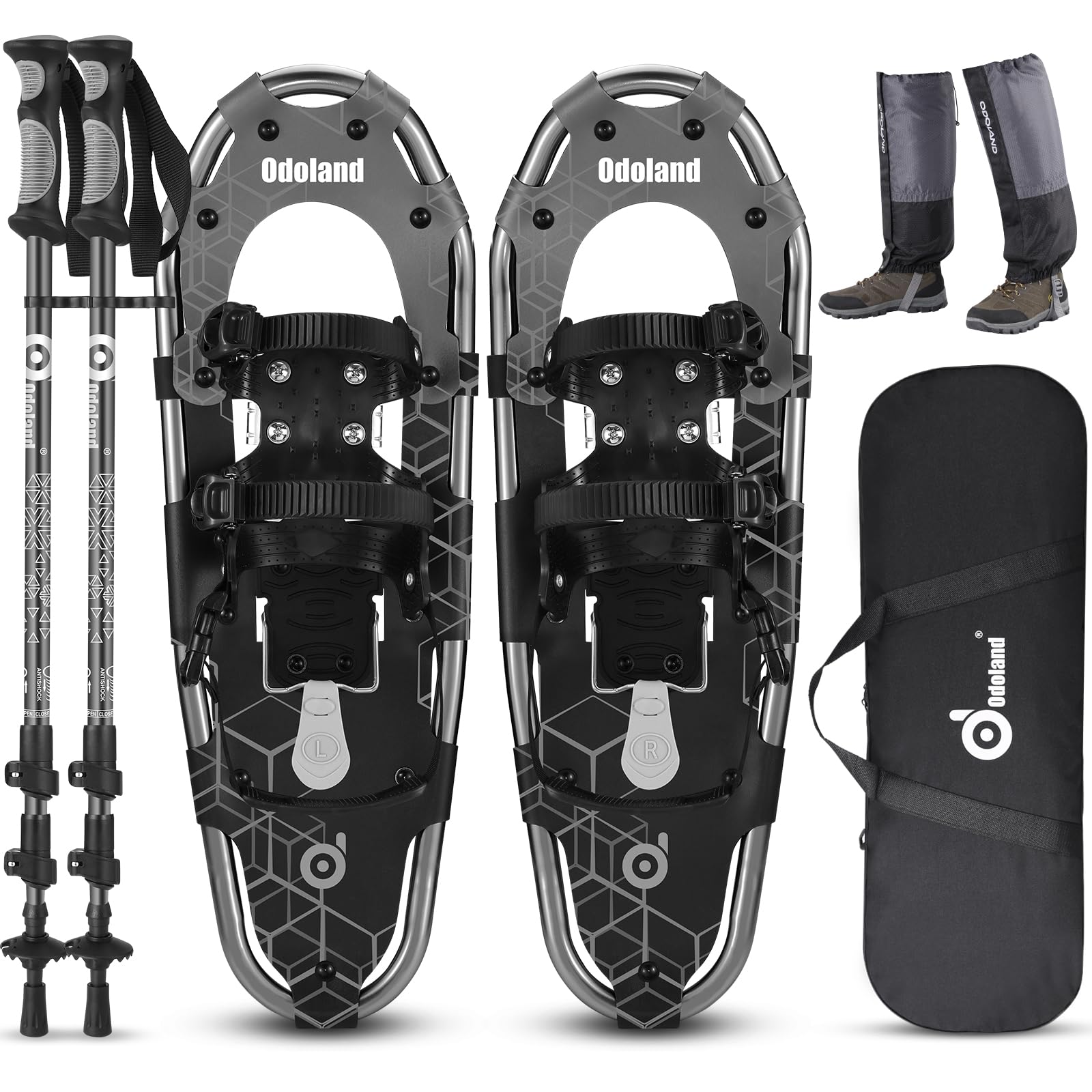 Odoland Set de Raquettes à Neige 4 en 1 pour Hommes Femmes Jeunes, Raquettes Neige Tout Terrain, Haute Efficacité et Confortable, avec Bâtons Trekking Guêtres Imperméables Sac Transport, Gris-Noir, M