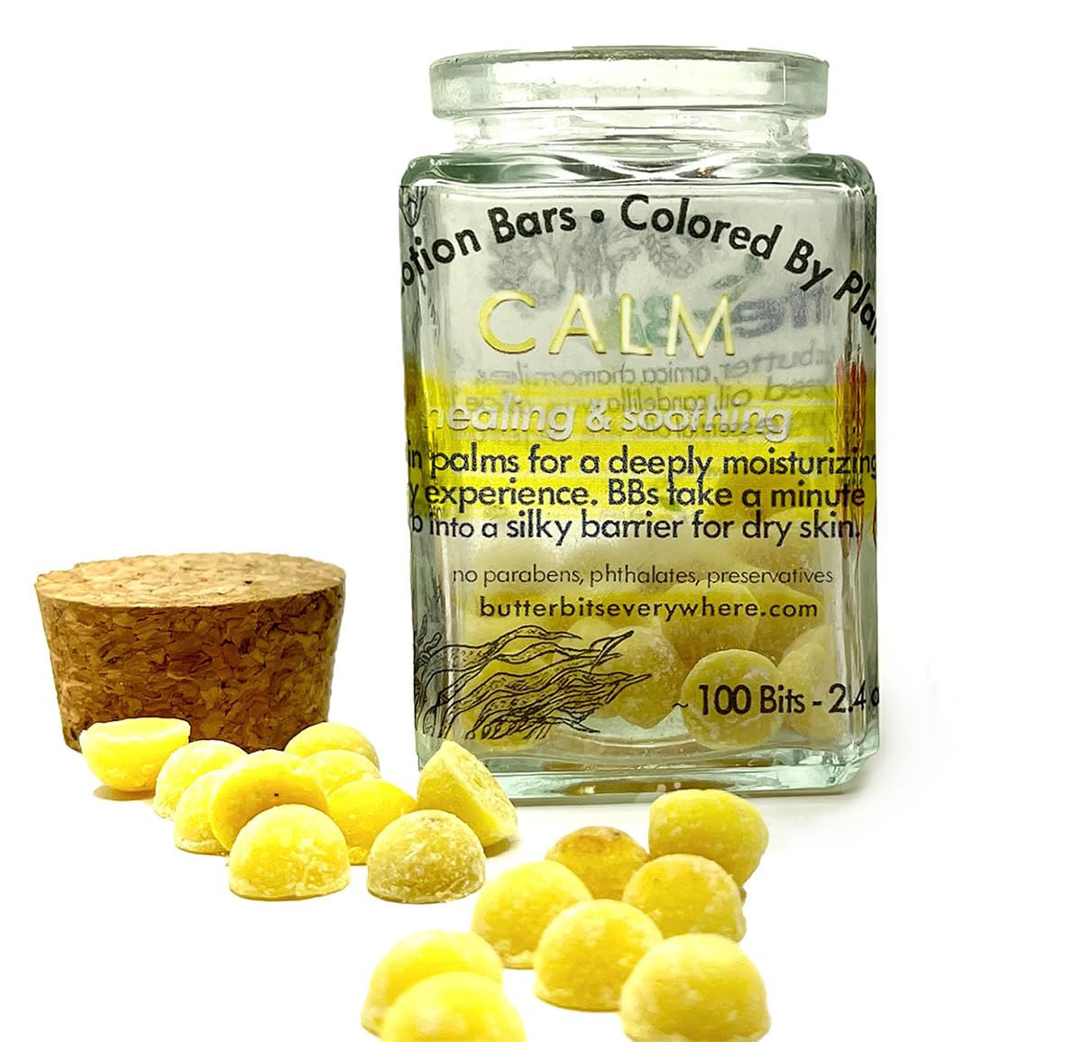 Calendula & Turmeric- Organic.Calm Butter Bits lotion bars-for dry hands in to-go sustainable packaging. Vegan- Organic- No Beeswax- ingredients clean enough to eat! (Medium - 100 Bits in Jar)
