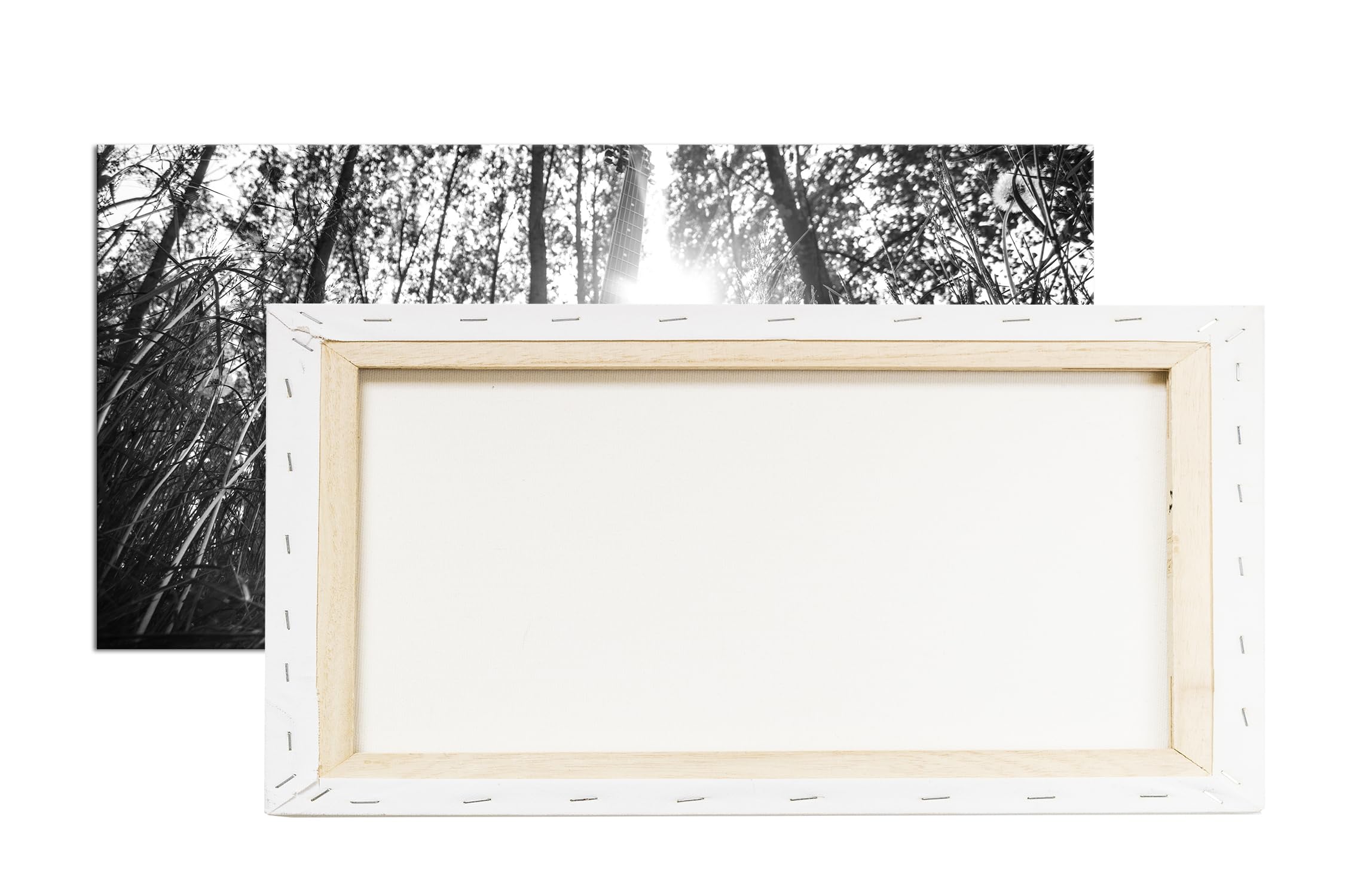 Chitarra acustica nella foresta idilliaca panoramica, 120 x 60 cm, effetto: nero/bianco come tela su tela, motivo già incorniciato su telaio in vero legno, stampa digitale di alta qualità con cornice