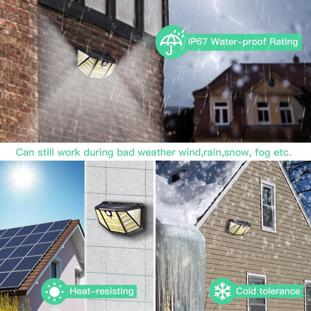 2Pack Solar Light Outdoor 310LED Sensor Lights, IP67 Waterproof 3Light Modes -Upgraded High-Brightness Motion Sensor Wall Lights for Garden, Wall, Parking Lot,Hallyway