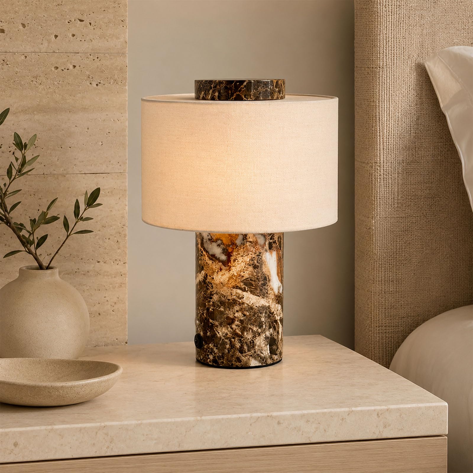 KlkrzJwy Marble Table Lamp Rechargeable Cordless Stone Table Lamp Touch Dimmable LED Bedside Lamp With 3 Color Temperatures 5200mAh Linen Shade Nightstand Lamp For Bedroom Living Room Office