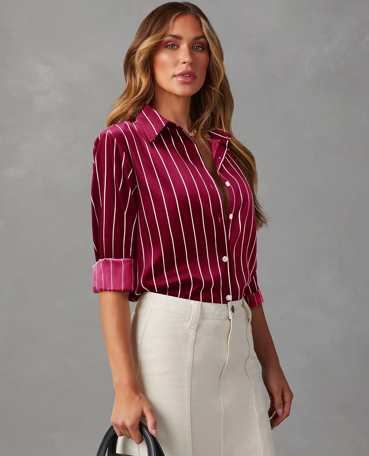 siliteelon Satin Silk Blouse Striped Button Down Shirts for Women Long Sleeve Dress Blouses Collared Work Office Tops