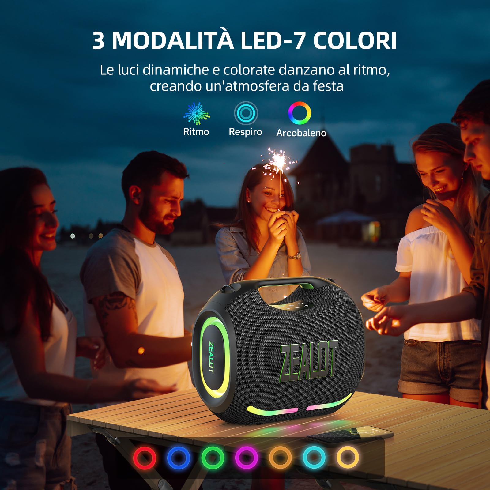 ZEALOT Cassa Bluetooth 150W Peak(120W RMS) con Luce LED,Bluetooth 5.3,Impermeabile IPX6,Suono Stereo,USB/AUX/TF ingresso,USB-C,per Campeggio,Spiaggia,Feste