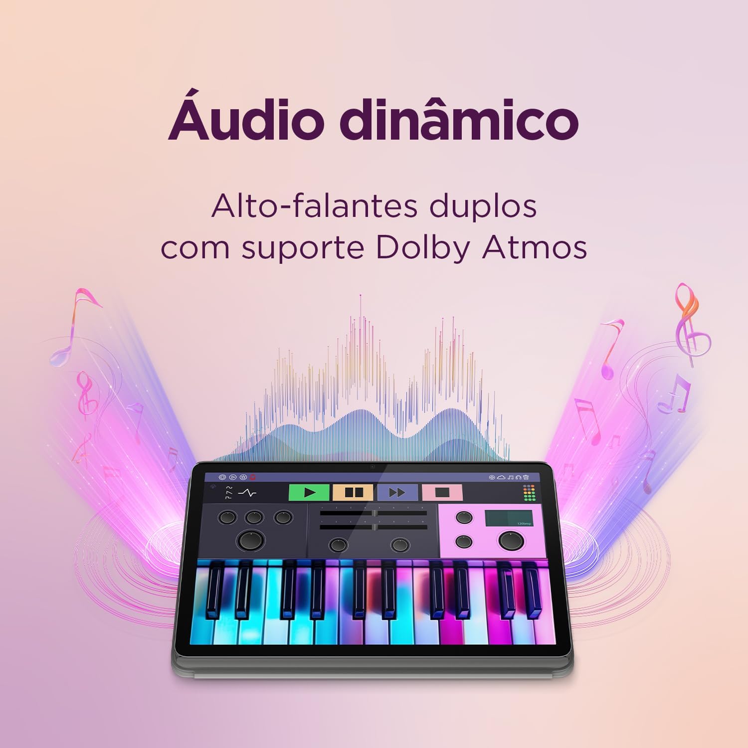 Tablet em perspectiva frontal com fundo gradiente de cores suaves do rosa ao lilás.