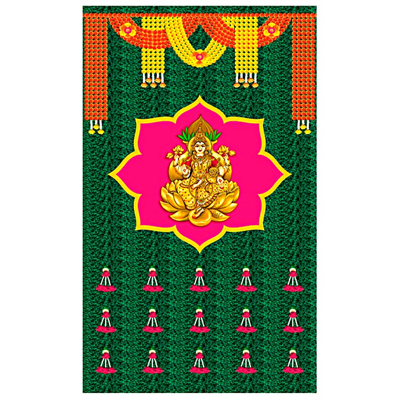SATVIK 8x5ft. Fabric Backdrop for Pooja Pujan Decor Lakshmi/Laxmi Idol Marigold Garland Print Indian Festive Puja Cloth Mehndi Haldi Flower Curtain Wedding Anniversary Bridal Baby Shower Wall Banner