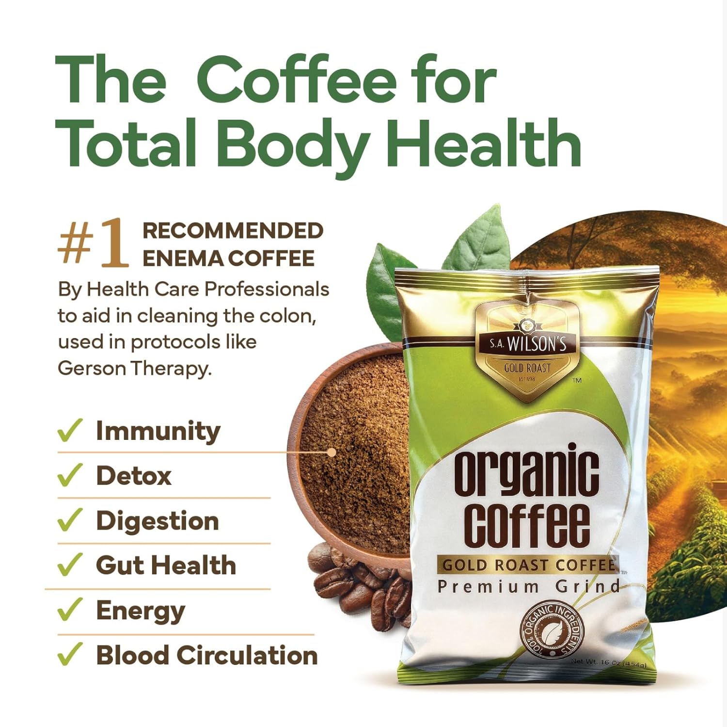 S.A. Wilson’s Coffee Enema – Organic Enema Coffee – USDA Organic Ground Coffee – High Caffeine & High Palmitic Acid for Liver Detox, Colon Cleanse, Digestion & Energy Support – Enema Detox Support 4-Pack