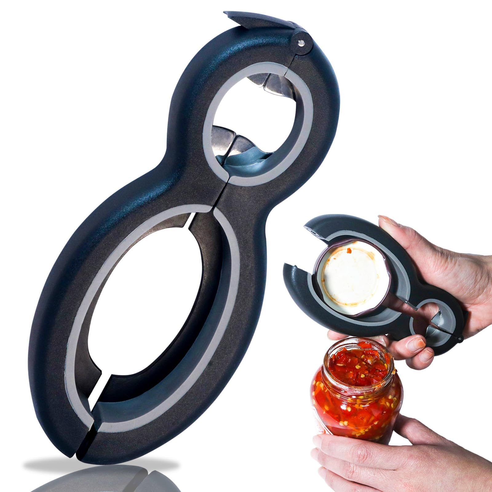 6-in-1 Jar Openers for Seniors, Easy Opener with Non-Slip Rubber Jar Gripper Pad, Black, Manual Can Opener