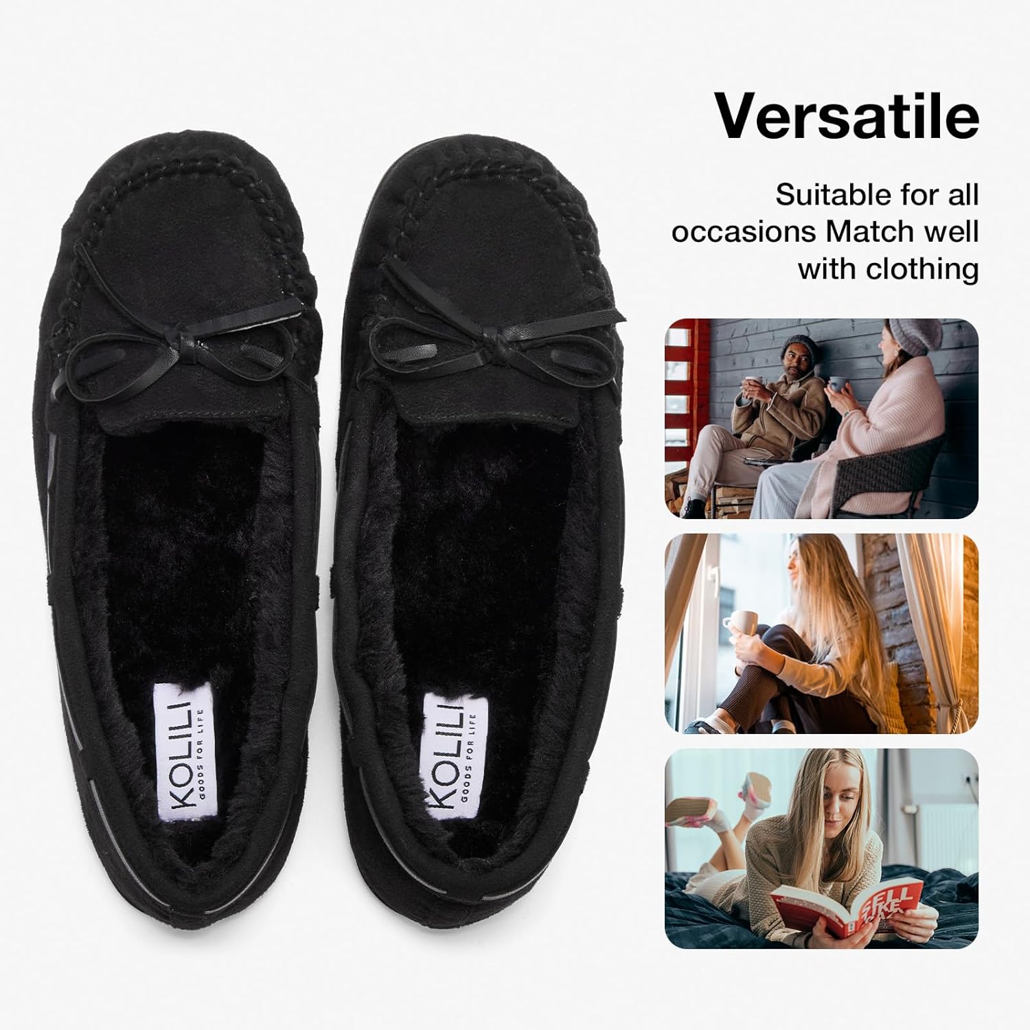 KOLILI Womens Faux Fur Moccasin Slippers, Indoor Outdoor Warm & Cozy House Shoes with Durable Rubber Sole - Image 5