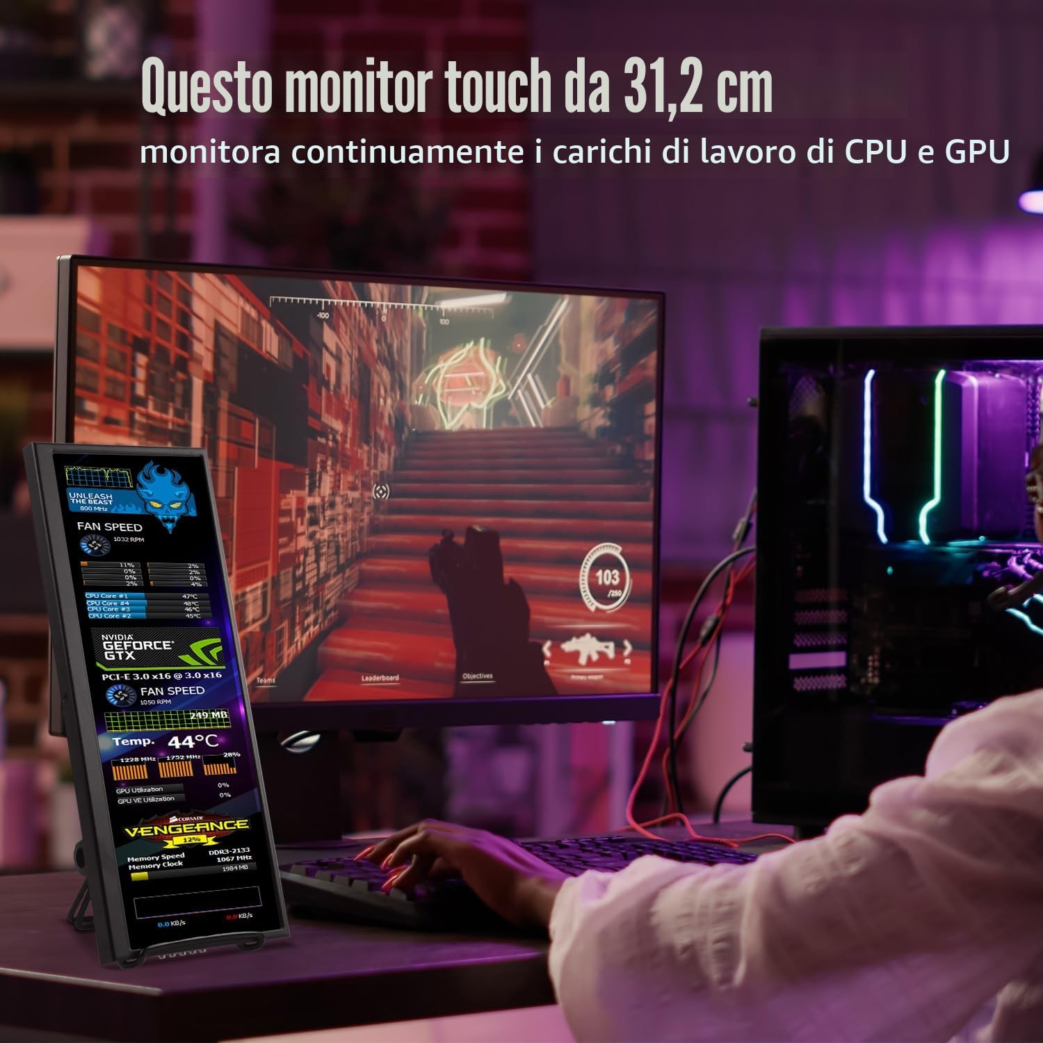 Monitor Touchscreen da 12,3 pollici, Display IPS 1920 x 720, HDMI e USB-C | con Supporto Pieghevole e Altoparlanti Integrati, per il Monitoraggio Secondario di CPU e GPU